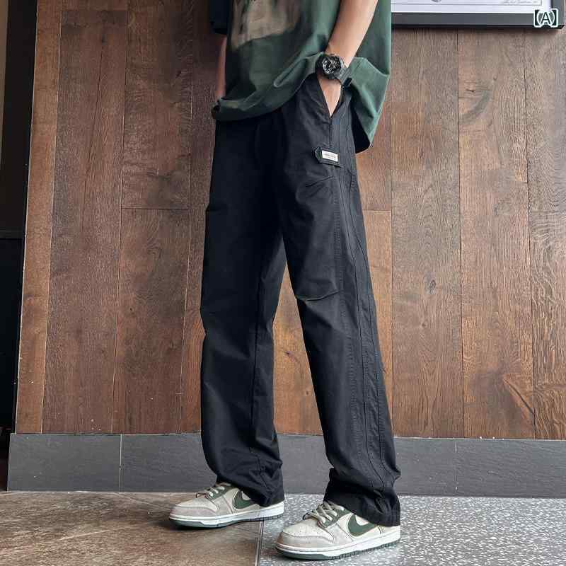 樂天商城 - メンズ パンツ 春秋 ブラック コットン ストレート ルーズ ワイドレッグ カーゴ カジュアル 垂感 普段使い 快適 柔らかい素材 デイリーウェア