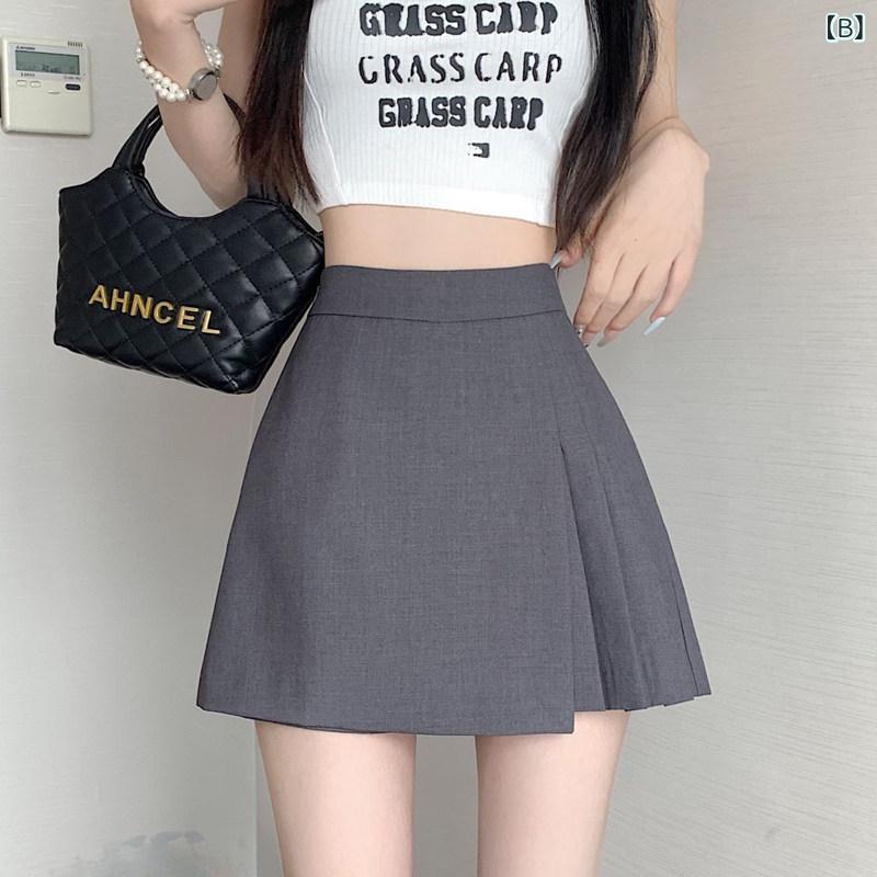 ベネフィメントショップのスカートパンツ レディース 夏 グレー 高腰 Aライン プリーツ アシンメトリー カジュアル スーツ風 スリム 脚長効果 軽量 伸縮性 通勤 普段使い｜アングル2