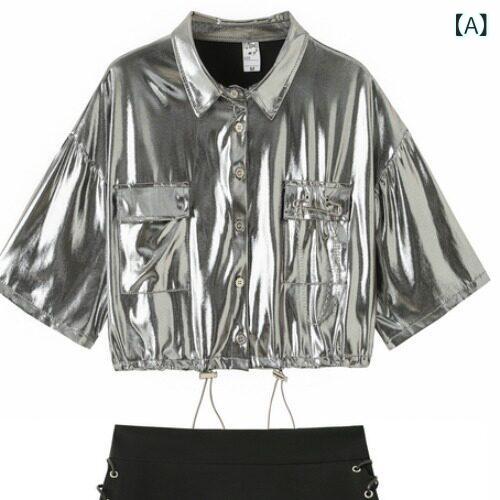 ダンス練習服 レディース 夏用 シルバー 短袖 収腰 シャツ ジャケット セット チアリーディング ヒップホップ 現代ダンス ステージ パフォーマンス 軽量 ストレッチ 通気性