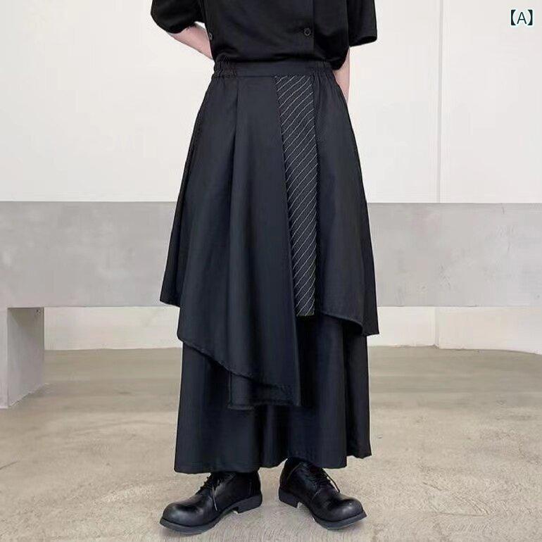 ワイドパンツ ハイウエスト ストライプ カラー切り替え ダーク系 不規則 男女共用 春秋 ファッション 合わせやすい ユニセックス ボトムス スタイリッシュ 快適 伸縮性