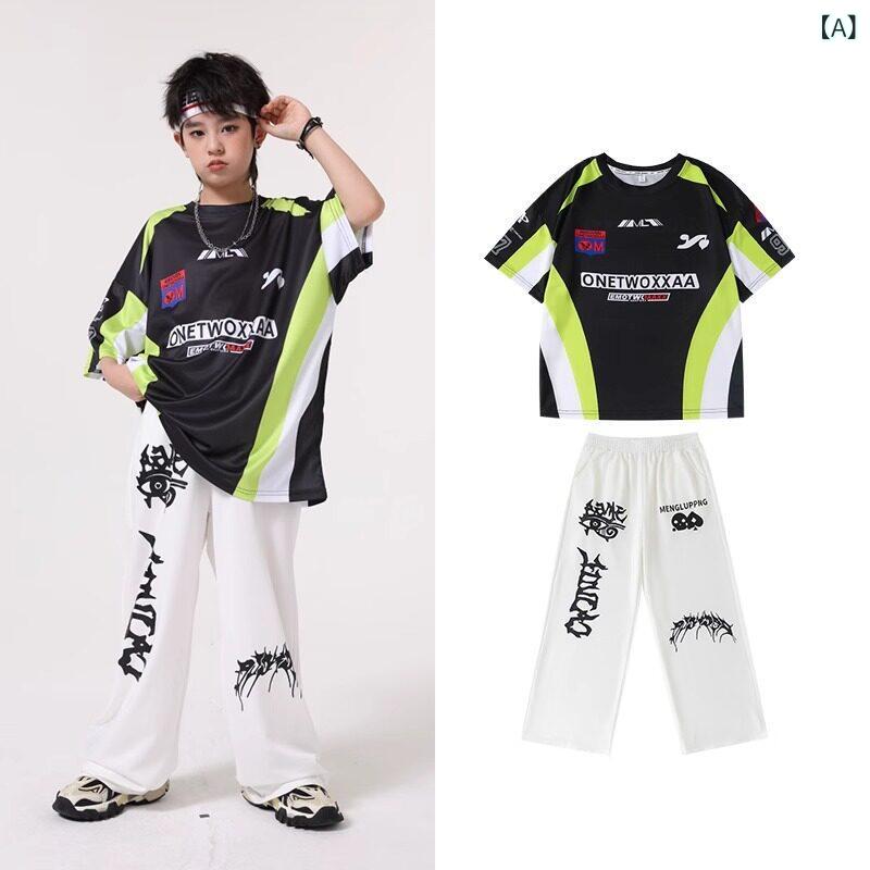 樂天商城 - ダンス衣装 子供 男の子 ヒップホップ ストリートファッション 夏 短袖 セット パフォーマンス ジャズダンス 潮服 嘻哈 表演服