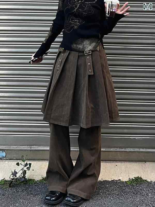 レディース デニム スカートパンツ アメリカン レトロ レイヤード フェイクツーピース ストレート プリーツ マイクロフレア ロングパンツ スリム 大きめサイズ カジュアル 普段使い
