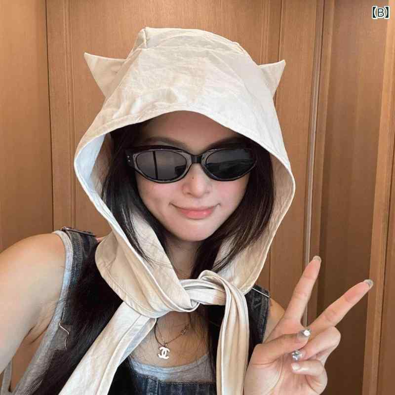 UVカット帽子 レディース かわいい小悪魔風 頭巾 リボン 夏用 通気性 速乾 日よけ ...