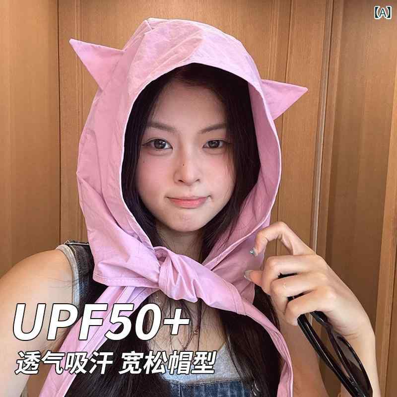 帽子 レディース かわいい 小悪魔風 頭巾型 夏 日よけ 通気性 速乾 UVカット 包頭 绑帯 軽量 アウトドア 普段使い