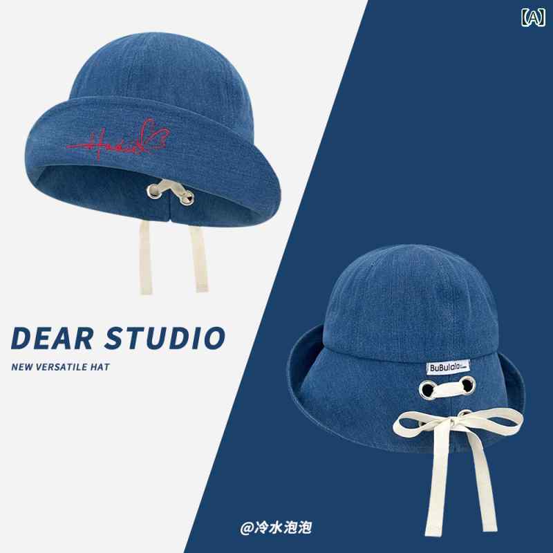 レディース 夏用 韓国 レトロ アルファベット刺繍 フリップブリム リボン デニム バケットハット 大つば 日よけ 防晒帽 軽量 通気性 良い カジュアル スタイル 普段使い アウトドア