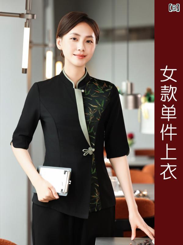 制服 レディース 半袖 トップス 中華風 飲食店 接客 業務 仕事用 高級感 チャイナドレス風 ホテル レストラン 宴会 迎賓 事務服 前あき かぶり きれいめ シンプル 無地 通気性 速乾 洗濯可能 大きいサイズ ゆったり 体型カバー 着痩せ 細見え benefiment-11307708 ベネフィメントショップ サンプル画像2