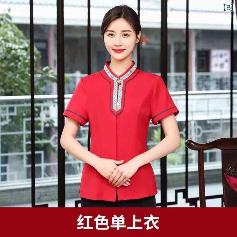 ベネフィメントショップの作業服 女性用 夏 短袖 エスニック ホテル 飲食店 スタッフ 制服 軽量 吸湿速乾 綿素材 通勤 普段使い｜アングル2
