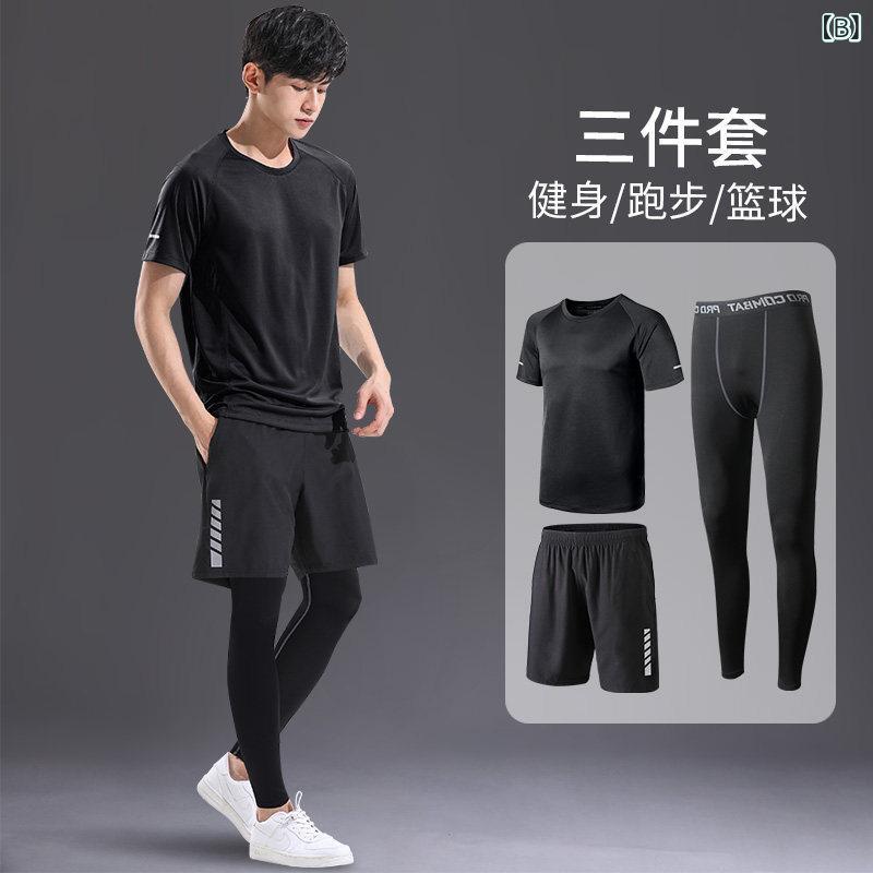 メンズ スポーツウェア ゆったり 速乾 半袖 Tシャツ タイトパンツ セット ランニン...