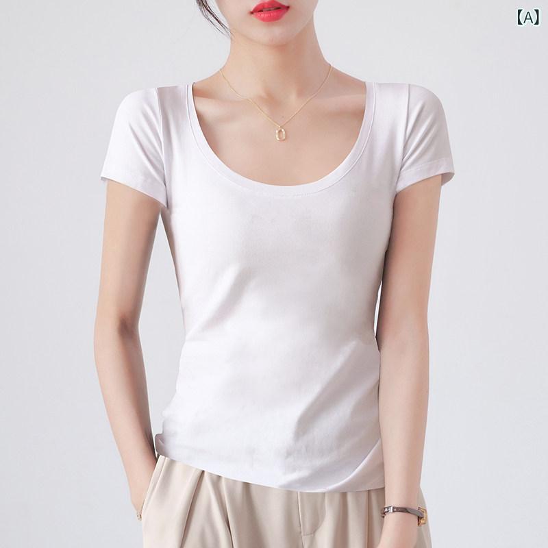 Tシャツ レディース 半袖 ホワイト コットン タイトフィット ショート丈 夏 インナー トップス スリム 吸湿速乾 普段使い