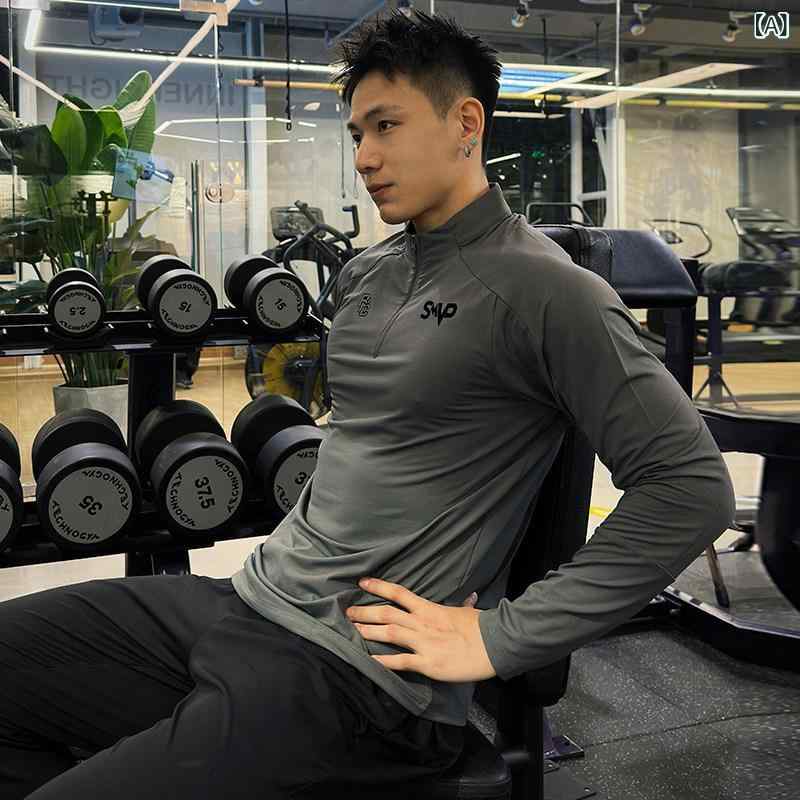 Accessories - メンズ 長袖Tシャツ ジム用 ハーフジッパー ストレッチ タイト トレーニング ランニング バスケットボール スポーツ 接触冷感 アメリカンスタイル