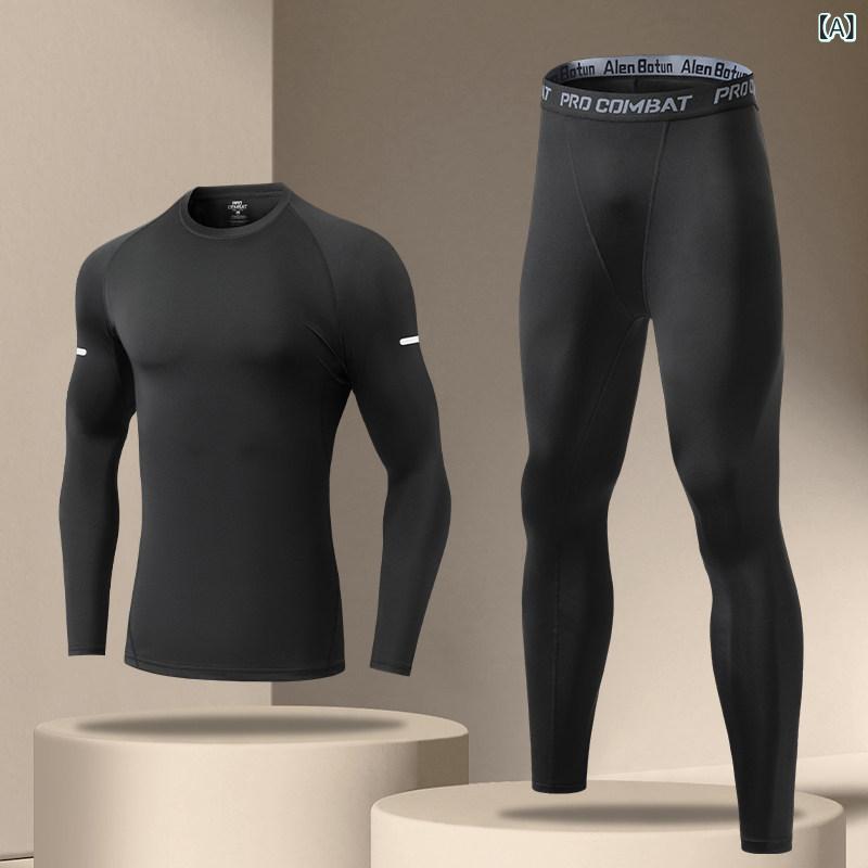 Men'S Wear - メンズ 速乾 長袖 タイトフィット インナー トップス 高伸縮 フィットネス セット ランニング トレーニング ベースレイヤー パンツ 吸湿速乾 軽量 室内用 アウトドア