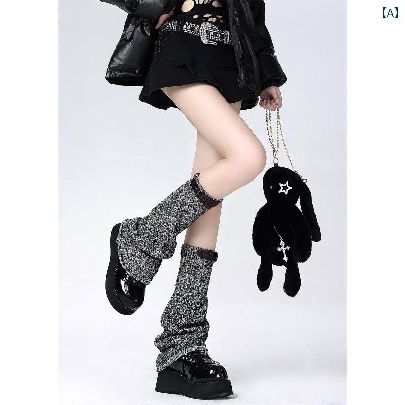 Socks - オーバーニーソックス 女子 JKスタイル 秋冬 グレー ダークレトロ 革バックル ゆったりワイド フレアレッグ 粗編み 保温 ふわふわ モコモコ サブカル 暖か 伸縮性 普段使い カジュアル