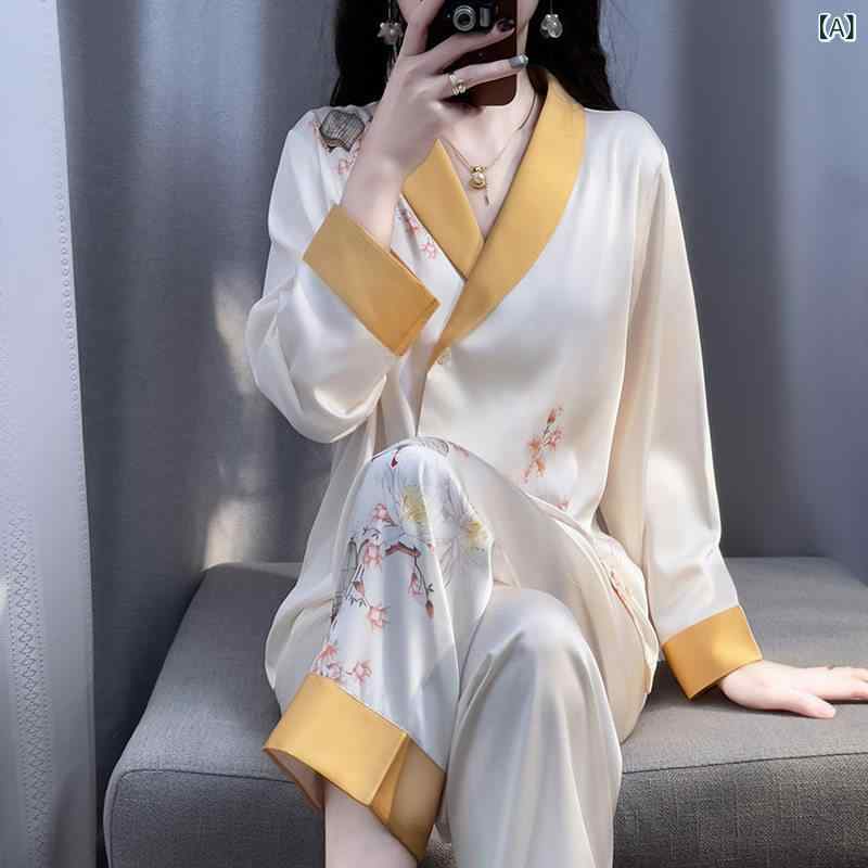 レディース 秋 パジャマ シルク 花柄 セット 高級感 レトロ 中国風 ルームウェア 部屋着 寝間着 桑蚕糸 軽量 吸湿速乾 外出対応 ビッグシルエット