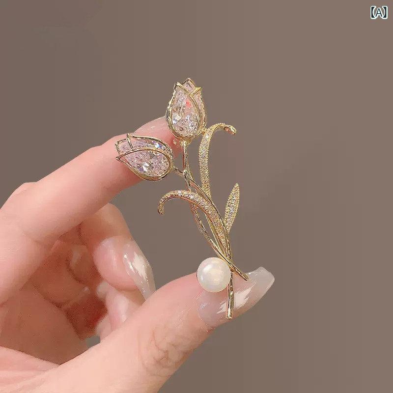 女性用 ブローチ チューリップ 高級感 エレガント シンプル 襟ピン 透け防止 留め具 コサージュ 胸飾り ピン 別針