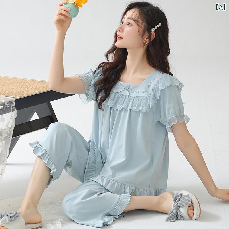 Pajamas - レディース 夏 パジャマ セット 綿 素材 短袖 七分丈パンツ 胸パッド 付き プリンセス デザイン ゆったり シルエット 高級感 部屋着 ルームウェア 吸湿 速乾 かわいい ガーリー スタイル