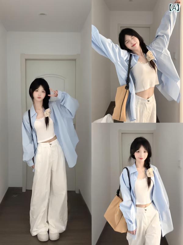 レディース 綿 ブルー シャツ カーディガン 小柄 春夏 軽量 長袖 トップス ジャケット 開衫