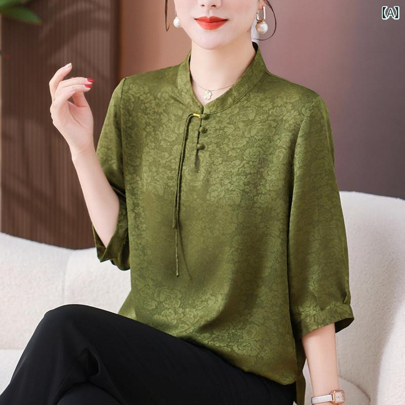 ブラウス 女性用 ママ向け 夏 チャイナ風 シルク ゆったり トップス Tシャツ セット ファッション スタイル 日常使い 軽量 通気性 ソフト 肌触り 高級感 カジュアル