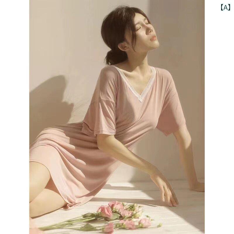 樂天商城 - レディース 春夏 ネグリジェ Vネック パッド入り レース ミディアム丈 ワンピース 短袖 ゆったり 薄手 再生繊維 吸湿速乾 軽量 部屋着