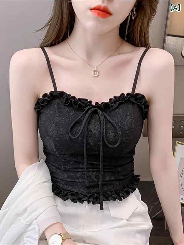 レディース レース フリル 吊り紐 キャミソール チューブトップ 胸パッド インナー トップス かわいい セクシー スタイル 普段使い 軽量 伸縮性 コットン 混 ベーシック シルエット ピンク系 アイボリー
