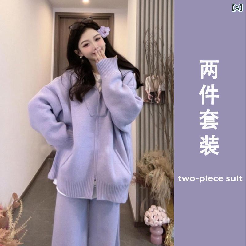 秋冬 レディース ジッパー ニットセーター ワイドパンツ 2点セット 韓国 カジュア...