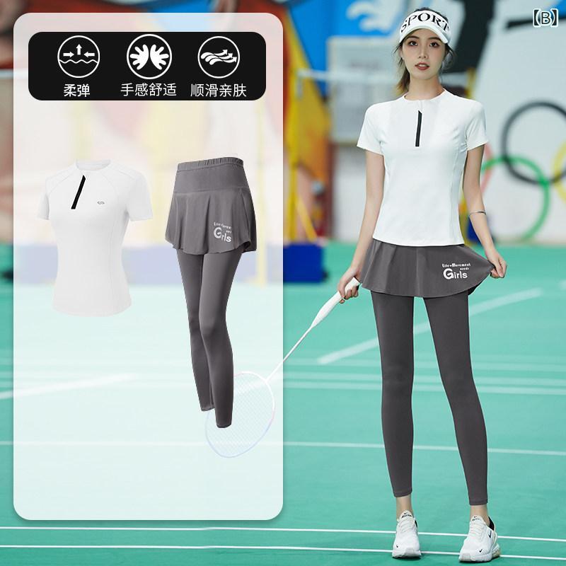 ベネフィメントショップのバドミントンウェア レディース 夏 薄手 短袖 室内用 トレーニング 速乾 伸縮性 プロ仕様 吸湿 軽量 動きやすい スポーツトップス ボトムスセット｜アングル2