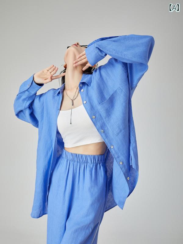 レディース 長袖 トップス ロングパンツ セット ブルー ゆったり リラックスフィット ラフスタイル 春夏 カジュアル コーディネート 日常使い 軽量 伸縮性