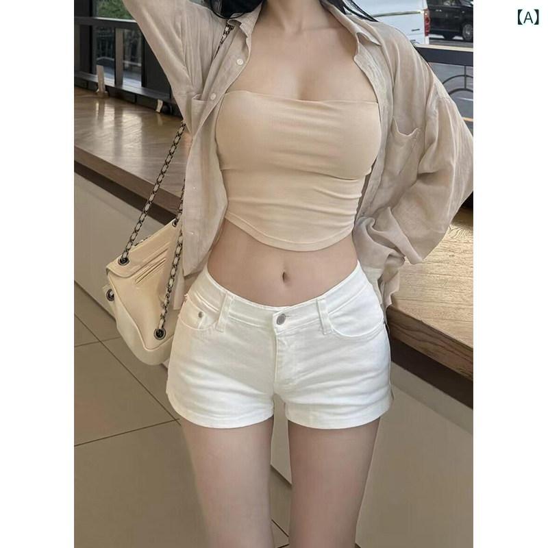 Tap Pants - デニム ショートパンツ レディース 小柄対応 白 低腰 伸縮性 スリム効果 ヒップハグ 夏用 カジュアル 普段使い コーディネートしやすい