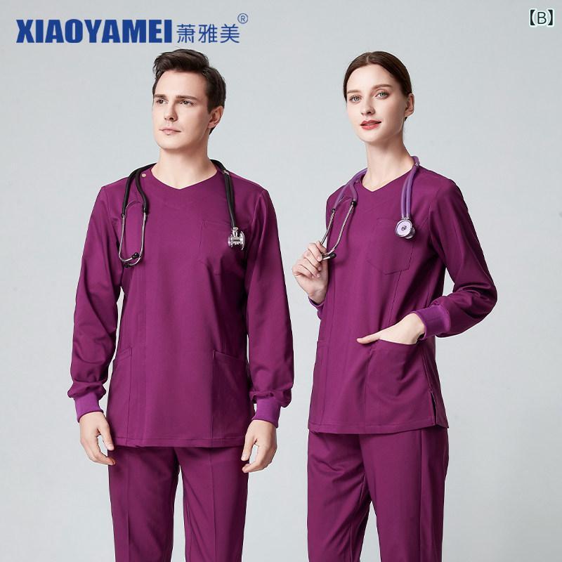 ベネフィメントショップの看護師服 医療用 男女兼用 サイドジッパー 手洗い衣 隔離衣 長袖 短袖 手術室用 クリニック制服 高級感 防水加工 軽量素材｜アングル2