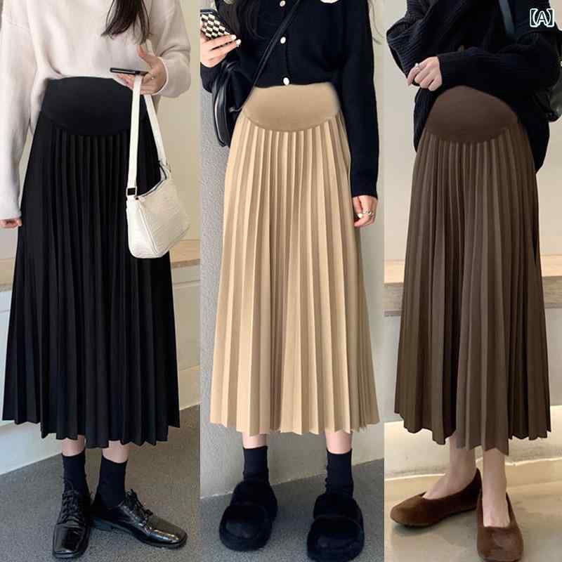 マタニティ 女性用 スカート 秋冬 プリーツ Aライン ハイウエスト 着痩せ 体型カバ...