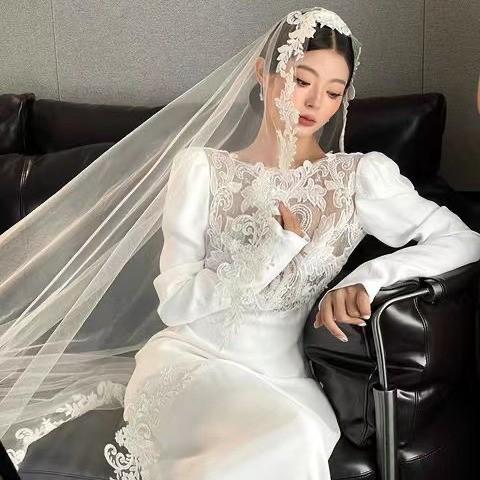 新婦 頭飾 新作 復古 レース 民国風 長頭 ヴェール フランス風 気質 結婚 旅 撮影 ヘアアクセサリー 心形 レース 軽量