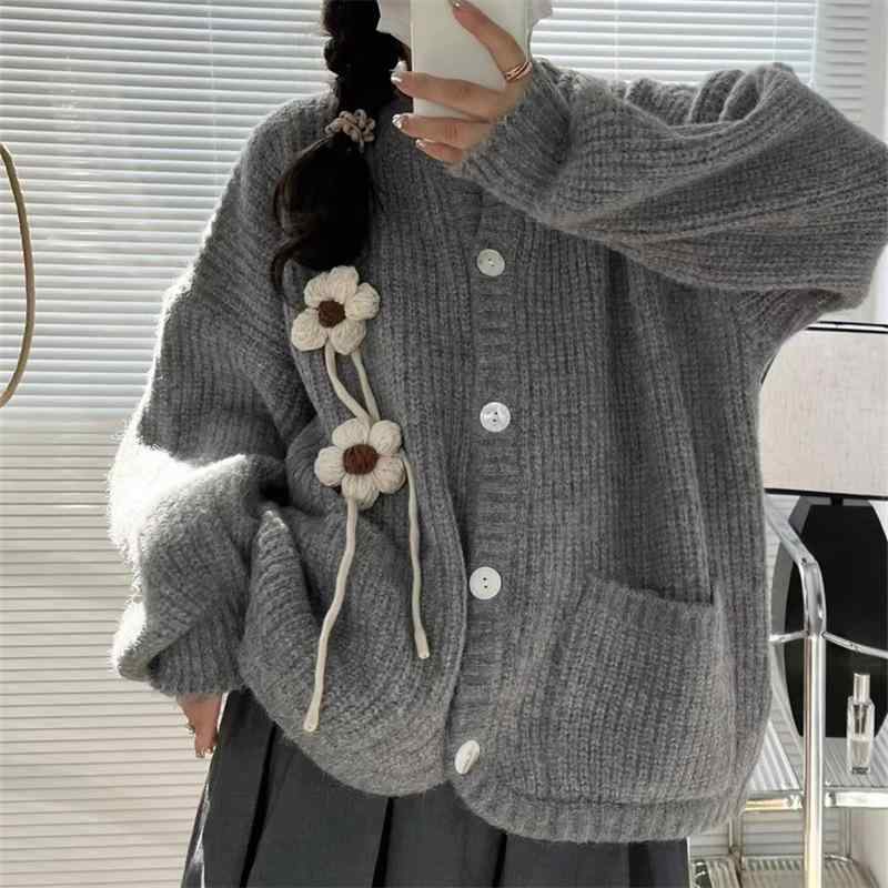 カーディガン 女性用 秋冬 立体花 ハンドメイド 厚手 無地 ニット ゆったり 着痩せ 二の腕カバー