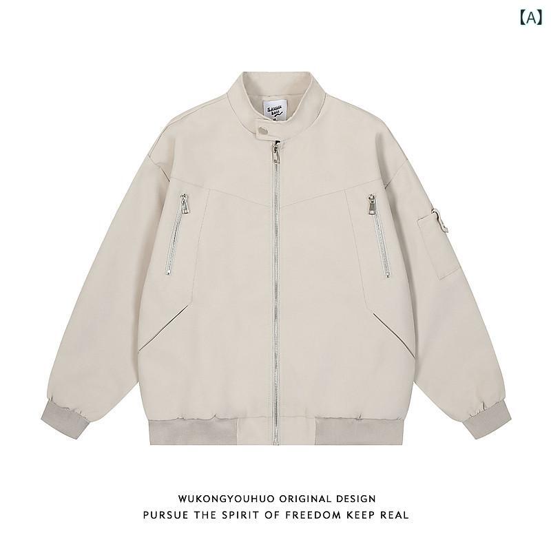 ベネフィメントショップのジャケット 男性用 メンズ アウター 野球服 スタジャン カジュアル 高街 ストリート系 アメリカン スタイル フライトジャケット 工装 ミリタリー 立ち襟 スタンドカラー ジップアップ ファスナー 切り替え デザイン性 ゆったり 体型カバー 大きいサイ｜アングル2