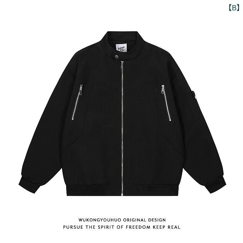 ベネフィメントショップのジャケット 男性用 メンズ アウター 野球服 スタジャン カジュアル 高街 ストリート系 アメリカン スタイル フライトジャケット 工装 ミリタリー 立ち襟 スタンドカラー ジップアップ ファスナー 切り替え デザイン性 ゆったり 体型カバー 大きいサイ｜アングル3
