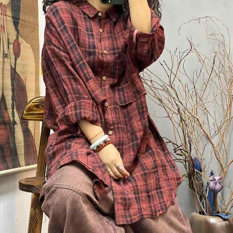 シャツ レディース トップス 長袖 ブラウス レッド系 チェック柄 ゆったり 大きい...