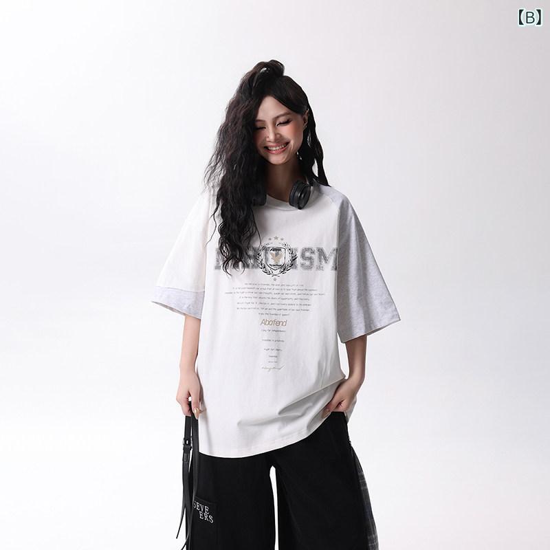 Tシャツ レディース 半袖 トップス 五分袖 アメリカン カジュアル ストリート 切り替え 配色 デザイン ゆったり 大きいサイズ 体型カバー 着痩せ 細見え 普段使い アウトドア スポーツ 部屋着 カジュアルスタイル クルーネック おしゃれ ビッグシル benefiment-11189942 ベネフィメントショップ サンプル画像3