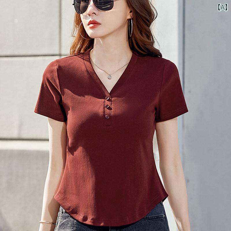ベネフィメントショップのTシャツ レディース 半袖 Vネック 無地 綿100％ ショート丈 ゆったり 体型カバー 着痩せ トップス カジュアル シンプル ナチュラル 普段使い 通勤用 通気性 吸湿速乾 肌触り良い 重ね着風 ボタン付き お洒落 かわいい 定番 ベーシック フェミ｜アングル2