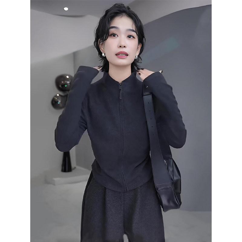 トップス レディース 長袖 Tシャツ 黒 ブラック ジップアップ スタンドカラー ゆったり 体型カバー 大きいサイズ ゆったりシルエット 切り替え デザイン性 オーバーサイズ カジュアル アウター インナー 秋冬 秋服 部屋着 通勤用 厚手 伸縮性 スト