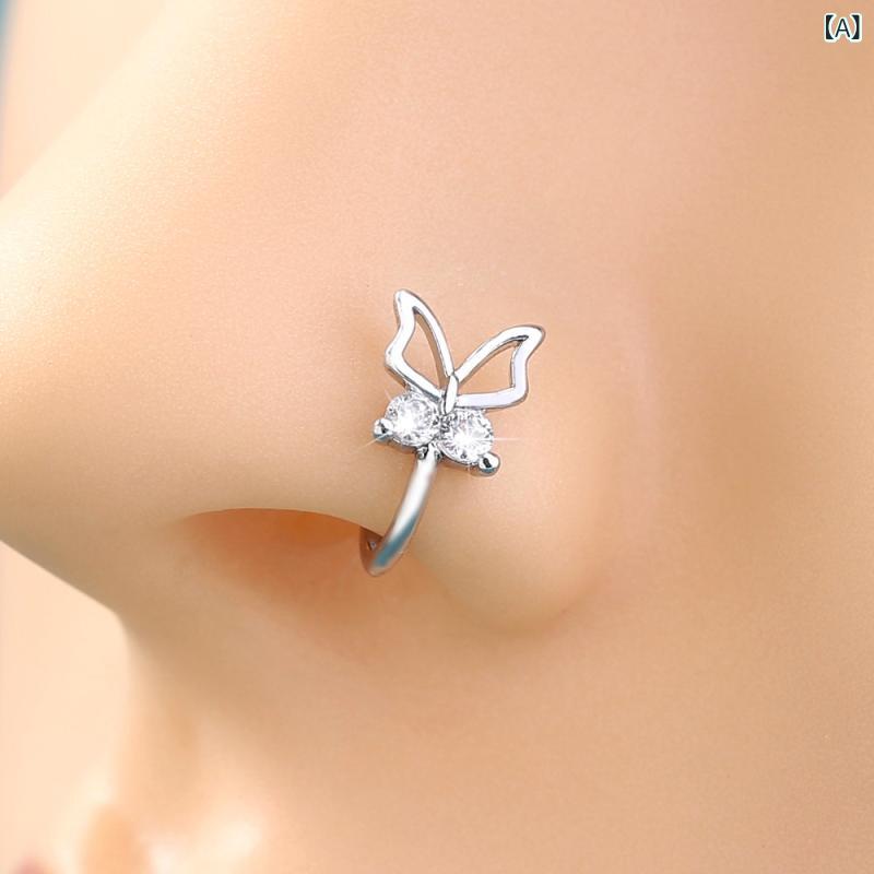 ベネフィメントショップの鼻ピアス レディース メンズ アクセサリー フェイク ノーズリング 銅製 ジルコニア付き ノンホールピアス おしゃれ シンプル かわいい 個性派 韓国風 パーティー デイリー使い カジュアル スタイル ボディピアス風 金属アレルギー対応デザイン 鼻飾り｜アングル2