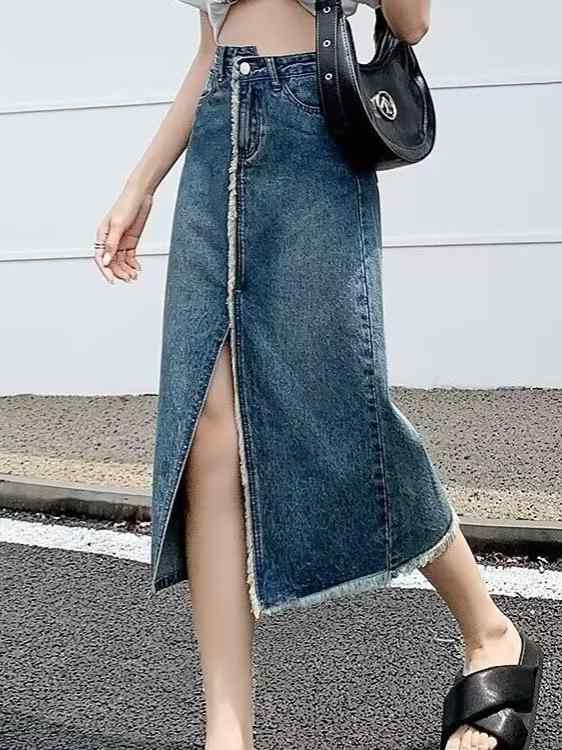 スカート レディース 大きいサイズ デニム ミモレ丈 ロング丈 ハイウエスト ゆったり 体型カバー 着痩せ 細見え お腹周り 体系カバー プラスサイズ Aライン 切り替え デザイン性 開き仕様 カジュアル 普段使い 通勤用 通年