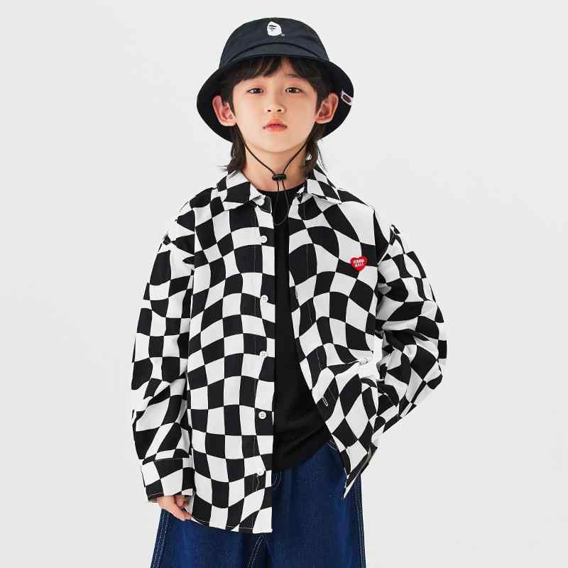 シャツ キッズ 男の子 長袖 トップス コットン 綿100 チェック柄 棋盤柄 格子柄 襟付き ゆったり カジュアル おしゃれ かっこいい 通園 通学 お出かけ用 普段着 柔らかい 肌触り良い 吸湿性 通気性 春秋 大きいサイズ 体型カバー ゆったりめ