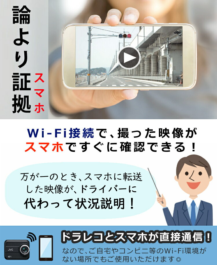 論よりスマホ なドライブレコーダー 前方 12v車 24v車 エブリオ Gc Dr Led信号機の点灯もしっかりと記録 Wi Fi連携 その場でwifi接続 Jvcケンウッド スマホ Gセンサー 12v車 24v車 Wifi接続で撮りたての映像をすぐにスマホへ転送 保存 Jvc ドライブレコーダー