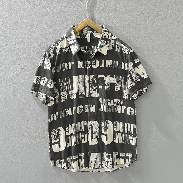 シャツ 100％綿 カジュアルシャツ トップス 半袖シャツ 綿シャツ 総柄 アメカジ メンズ ファッション