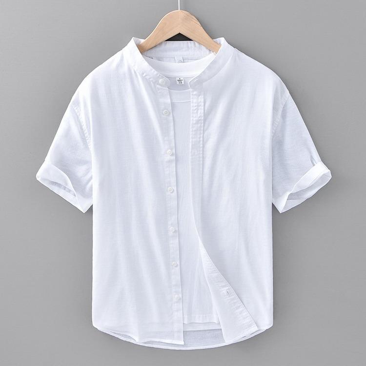 綿麻シャツ メンズ バンドカラーシャツ リネンコットン シャツ カジュアルシャツ トップス 半袖