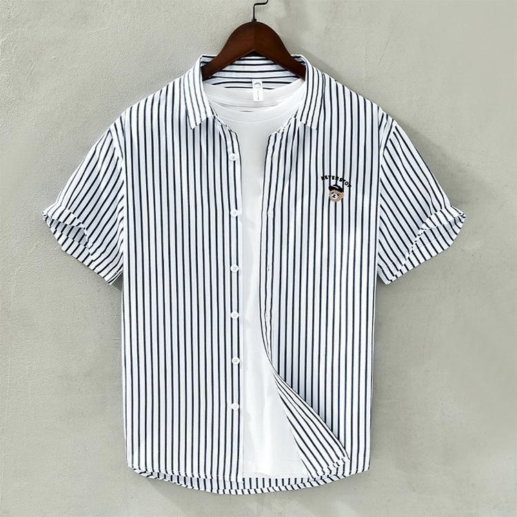 ストライプシャツ カジュアルシャツ トップス 半袖 シャツ 刺繍 夏服 メンズ ファッション