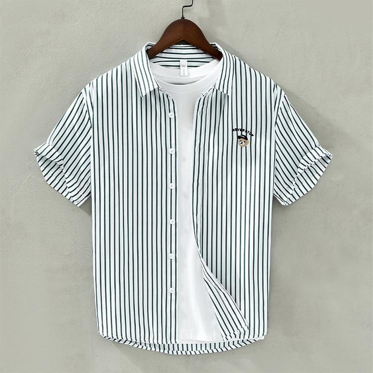ストライプシャツ カジュアルシャツ トップス 半袖 シャツ 刺繍 夏服 メンズ ファッション