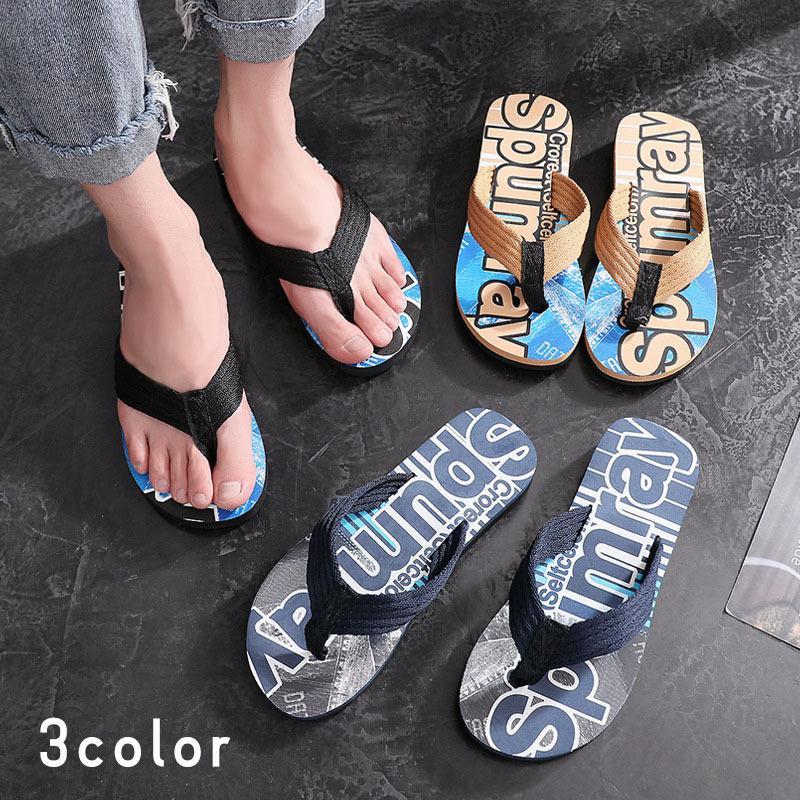 サンダル メンズ トングサンダル ビーチ ビーサン ぺたんこ フラット ロゴ プリント かっこいい クール おしゃれ 海 靴 男性用