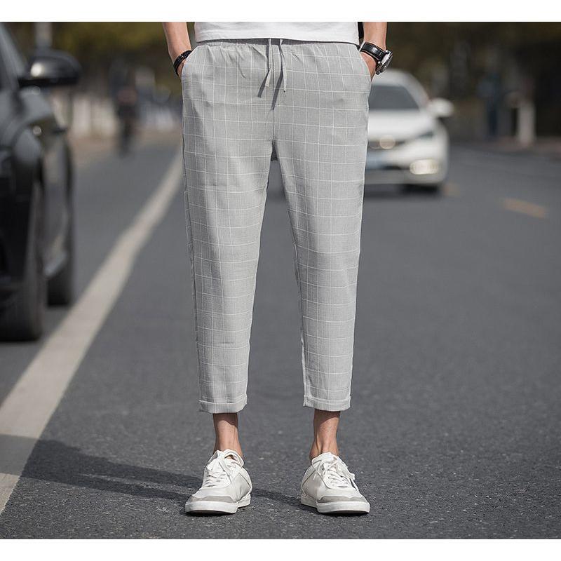 クロップドパンツ メンズ ボトムス テーパードパンツ ロングパンツ 長ズボン 9分丈 チェック カジュアル 麻混 リネン混 春夏 ポケット シンプル