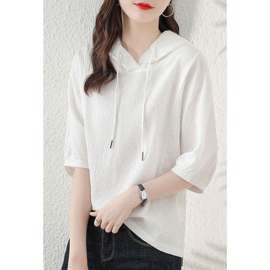 エンボス素材 半袖パーカー プルオーバー 半袖 カットソー レディース トップス Tシャツ フード付き 無地 サマーパーカー 夏パーカー ゆ