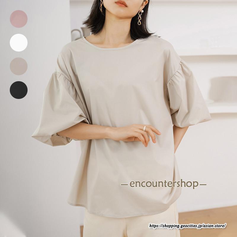 ボリューム袖ブラウス レディース シャツ ブラウス 40代 フォーマル 着痩せ オフィス 半袖 卒業式 入学式 30代 バックリボン バルーン 楽チン クールネック(4)