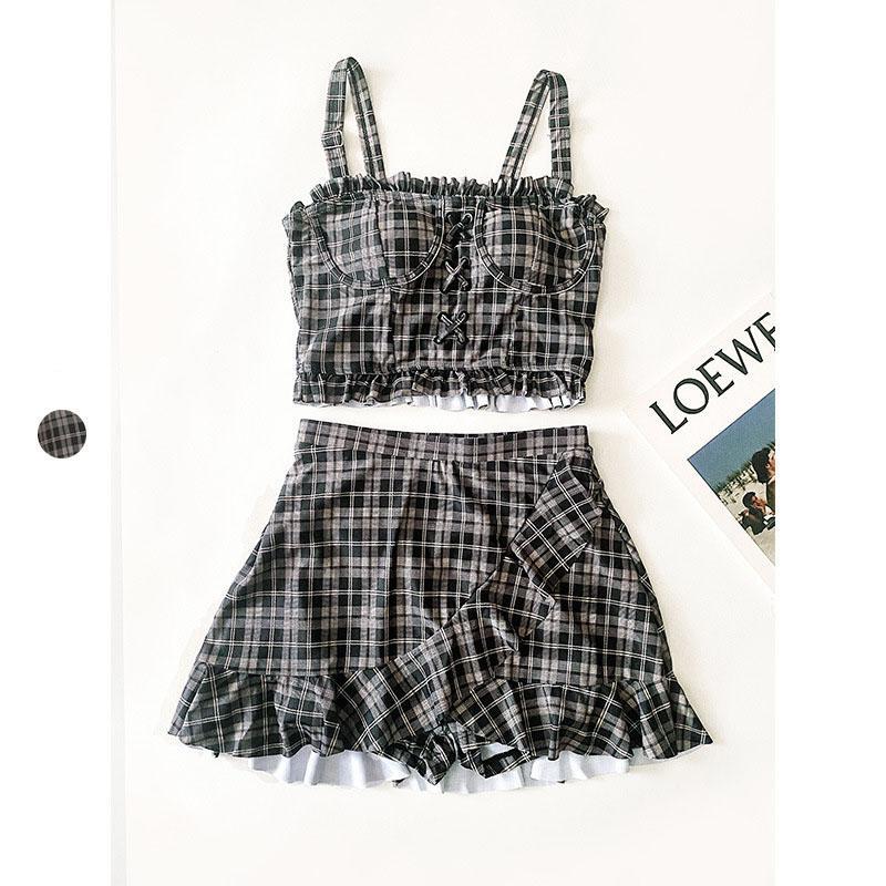 送料無料 水着 レディース 全3色 チェック柄 セパレート水着 フリル 体型カバー 小胸バンドゥ スイムウェア オールインワン フレア 大きいサイズ